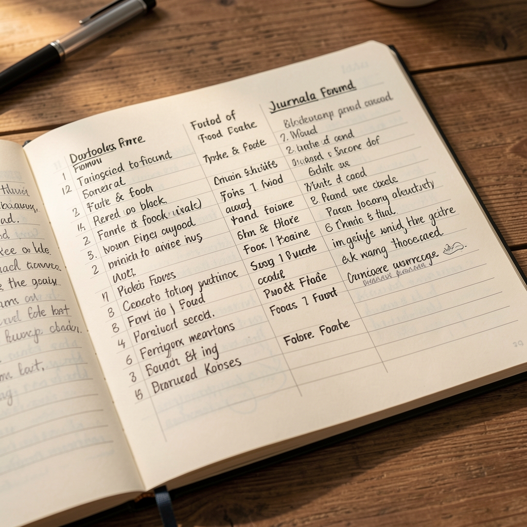A close-up photograph of a handwritten food journal open on a wooden table — columns of daily food entries in black ink with margin notes in pencil, warm natural light