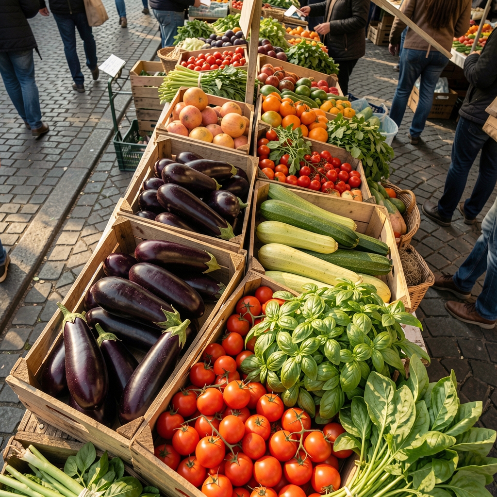Overhead view of a Bucharest farmers market stall — wooden crates of seasonal vegetables including aubergine, courgette, heritage tomatoes and fresh basil under morning light