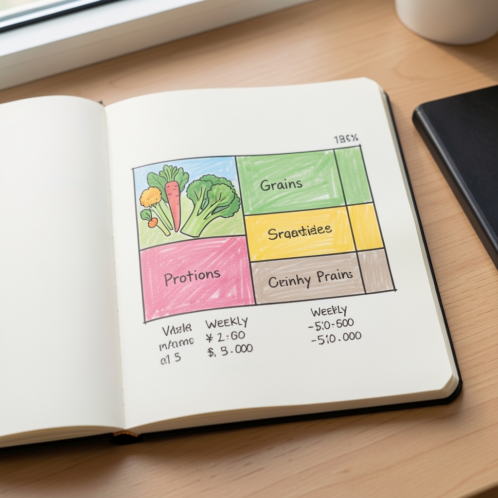 A clean open notebook on a desk showing a hand-drawn macronutrient balance chart — coloured sections for vegetables, proteins and grains with handwritten weekly totals under natural light