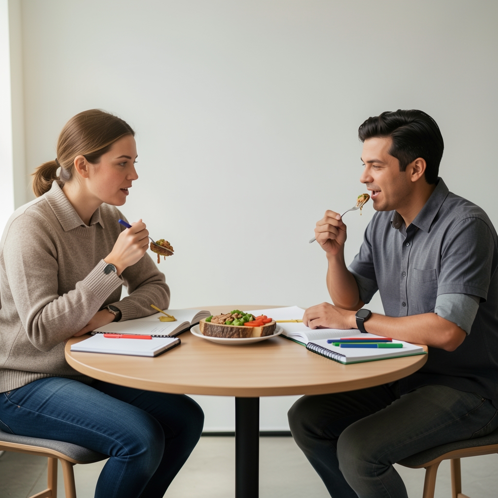 Nutrition consultation in progress — two people seated at a round table in the Mavienta Bucharest studio, eating log open between them, notebooks and coloured pens visible