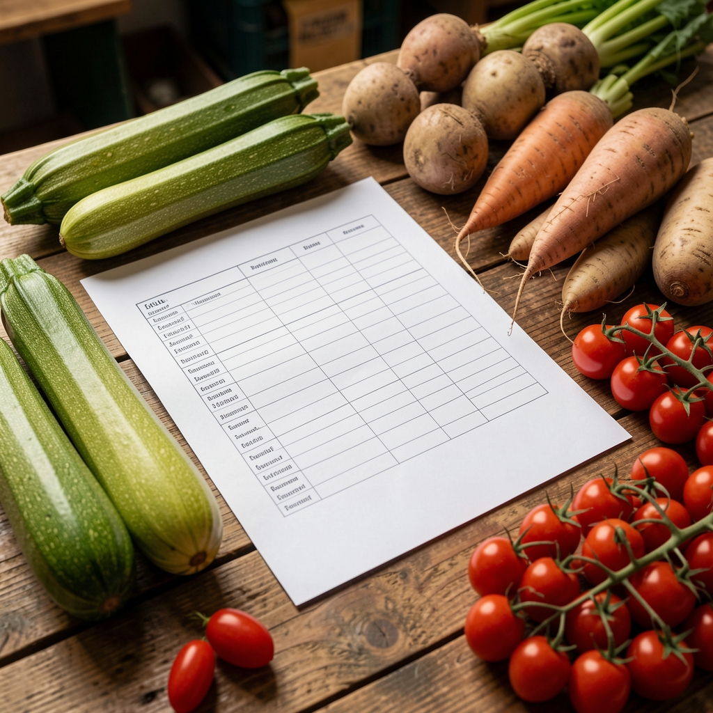A seasonal produce plan document spread on a wooden desk alongside fresh vegetables — courgettes, root vegetables and cherry tomatoes from the Bucharest market
