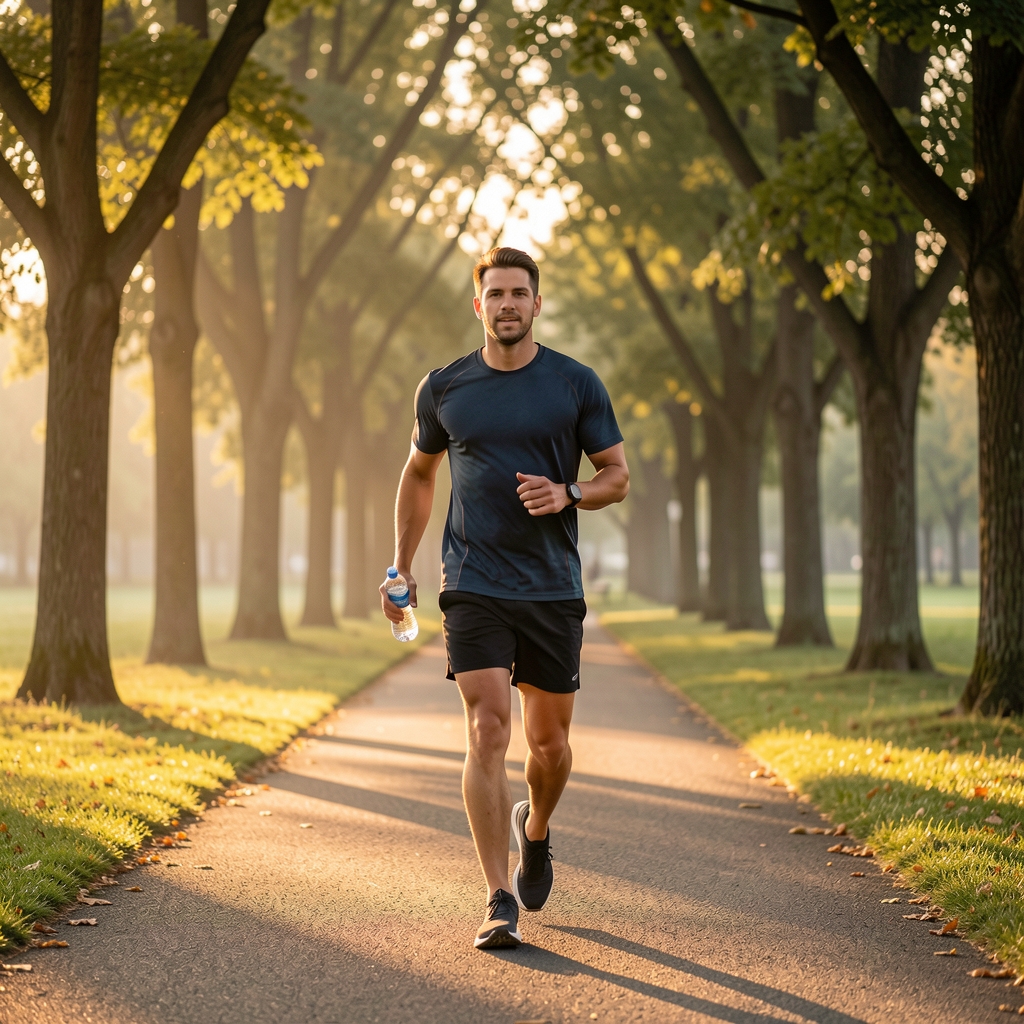 An active lifestyle photograph — a person walking through Bucharest Herastrau park at dawn, early morning light on tree-lined path, water bottle visible in hand