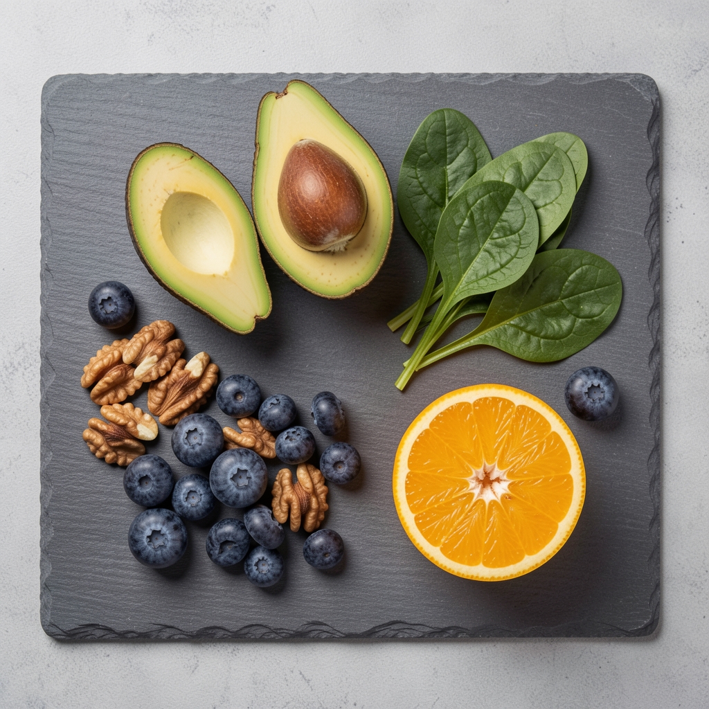 A selection of fresh whole foods arranged on a grey slate surface — avocado halves, walnuts, blueberries, spinach leaves and a sliced orange, overhead studio lighting