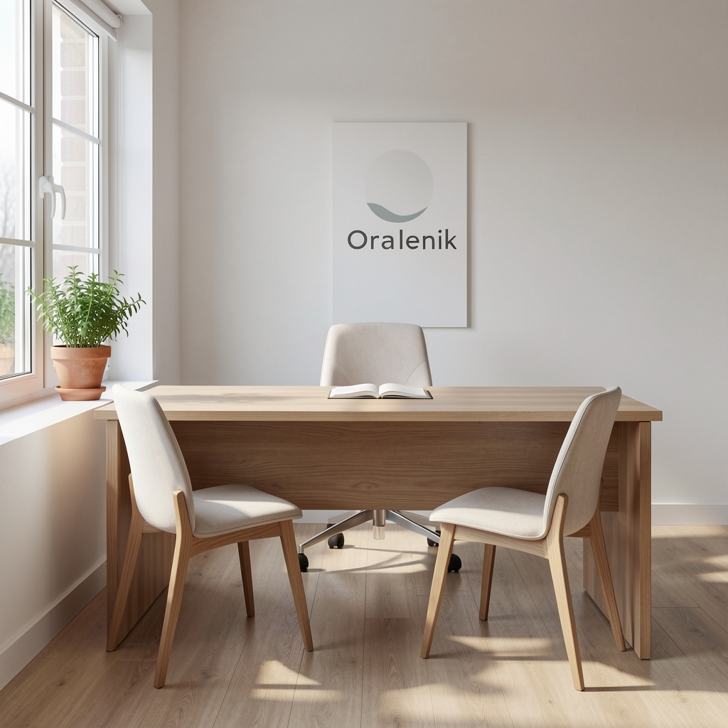 Interior view of the Mavienta consultation room — clean wooden desk with two chairs facing each other, natural light from a large window on the left side, a potted herb plant on the windowsill